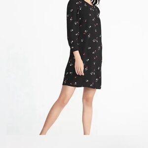 Old Navy Dress Sz S Crepe Black Ditsy Floral 3/4 Sleeves + Buttons Feminine NWOT